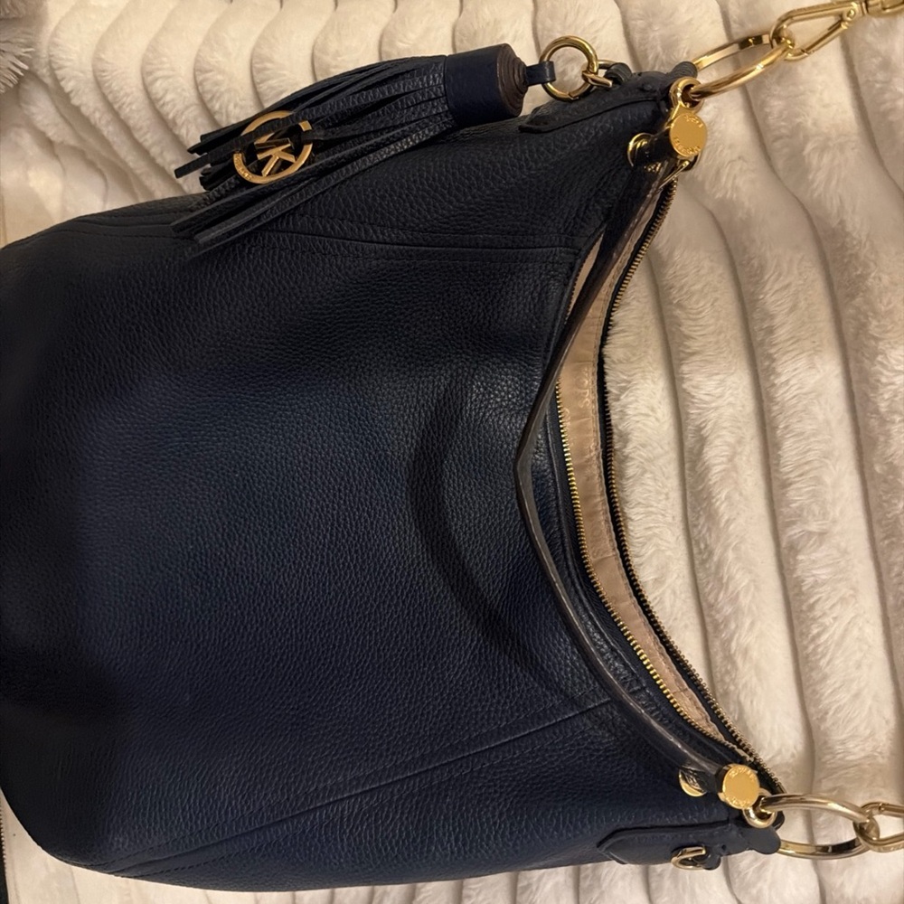 Michael Kors Navy Pebbled Leather Hobo with Gold Hardware